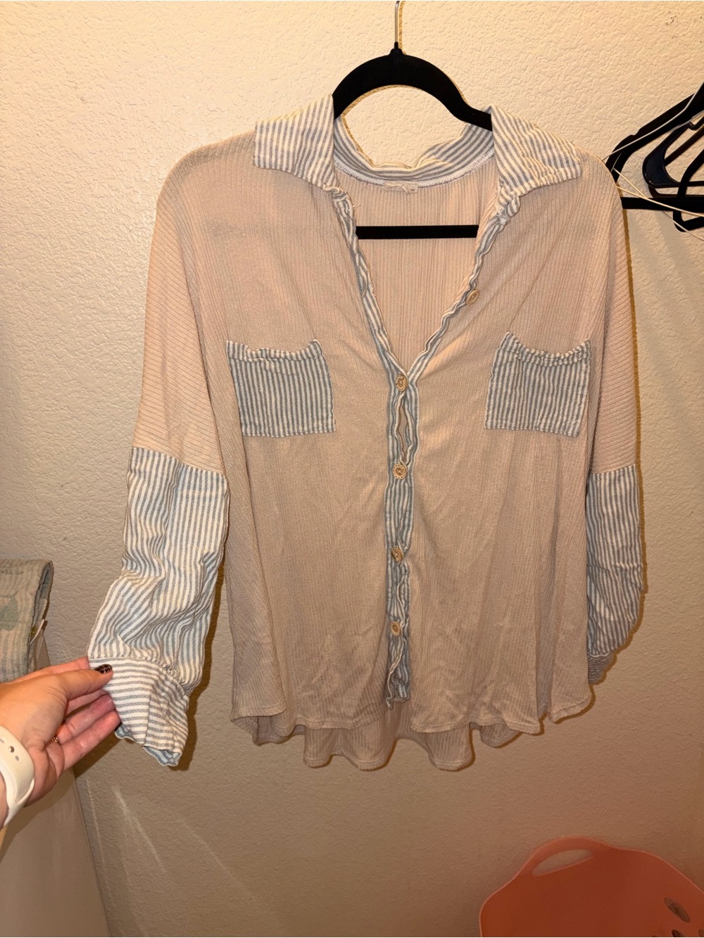 Lovely Melody Beige Button-Front Top with Blue-White Stripe Trim